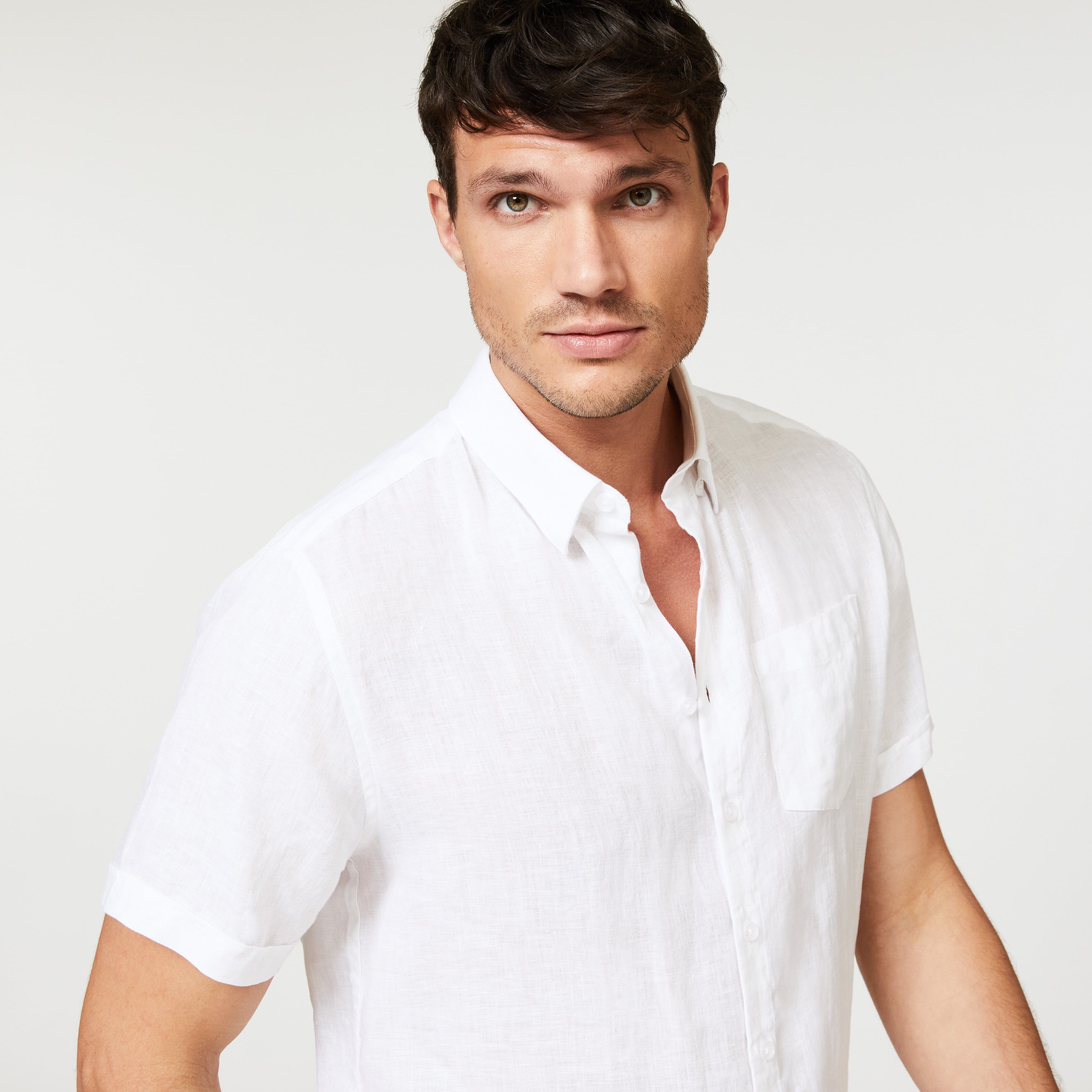 Mens white linen discount shirt short sleeve
